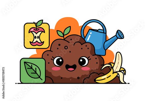 Cheerful Compost Pile with Smiling Face Apple Core Banana and Watering Can