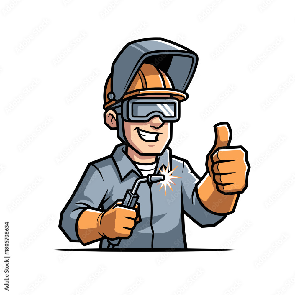 Fototapeta premium Smiling Welder Giving Thumbs Up with Protective Gear and Welding Torch