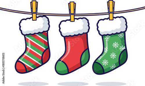 Hanging Christmas Stockings on Clothesline Vector