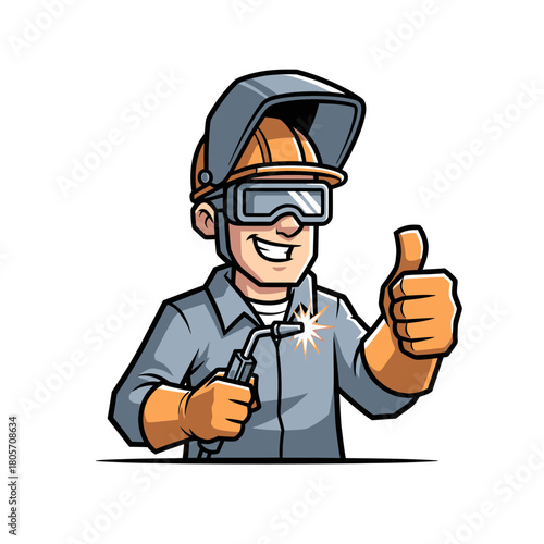 Smiling Welder Giving Thumbs Up with Protective Gear and Welding Torch