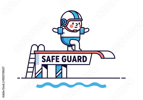 Cartoon Lifeguard Ready to Dive from a Safe Guard Diving Board