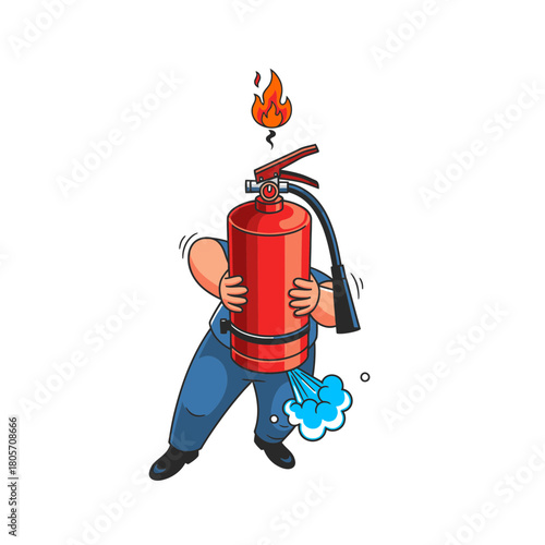 Cartoon Man Struggling with a Malfunctioning Fire Extinguisher with Flame