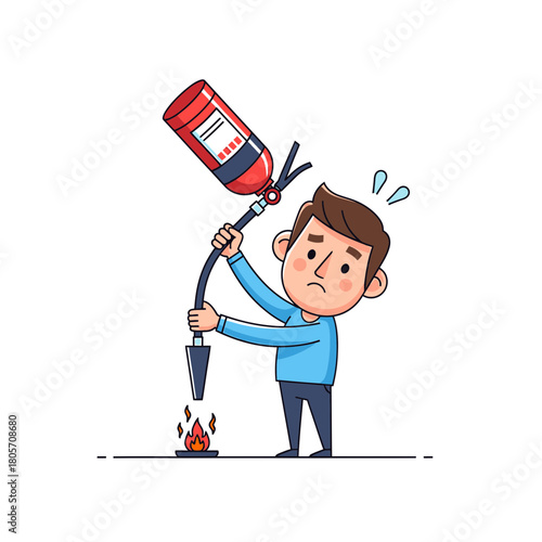 Cartoon man struggling to use fire extinguisher on small flame