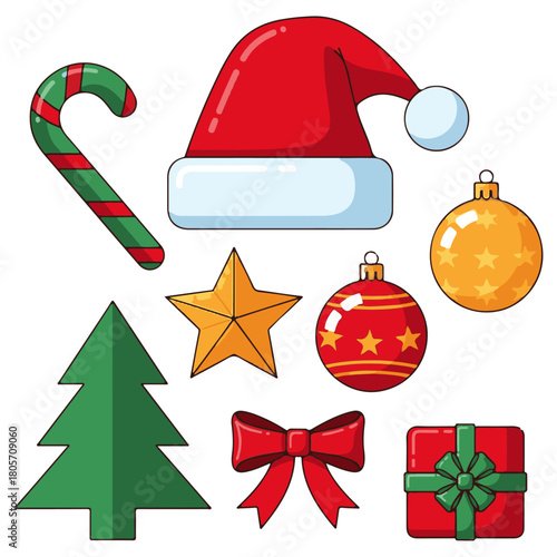 Vibrant Christmas Holiday Icons Vector Set: Candy Cane, Jingle Bell, String Lights, Pine Tree, Snowflakes, Gift Box, and Stocking Seasonal Elements for Design and Decor