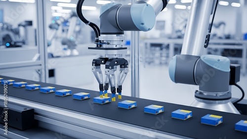 Robotic Arm Manufacturing Electronics in Modern Factory Automation Environment