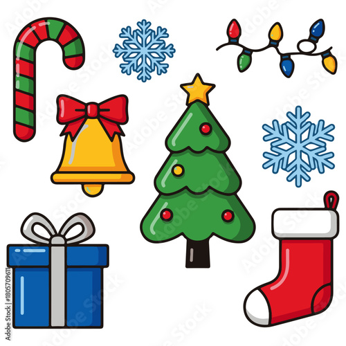 Vibrant Christmas Holiday Icons Vector Set: Candy Cane, Jingle Bell, String Lights, Pine Tree, Snowflakes, Gift Box, and Stocking Seasonal Elements for Design and Decor