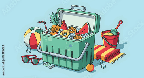 Embrace the Refreshing Spirit of a Retro Beach Day with Cooler and Fruits