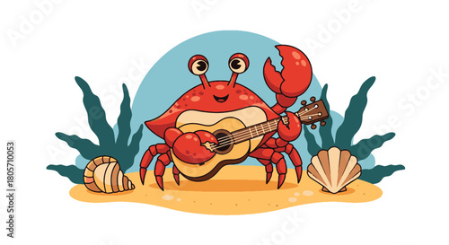Charming Retro Beach Crab Playing Ukulele, Creating Tropical Island Vibes