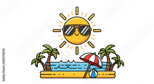 Vibrant Retro Beach Scene with Sunglasses Sun and Tropical Vibe