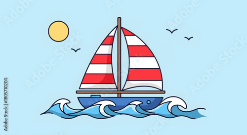 Charming Retro Beach Sailboat Cruising on Ocean Waves Under Bright Sun
