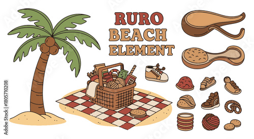 Retro Beach Summer Picnic Elements Collection in Vibrant Hand-Drawn Style