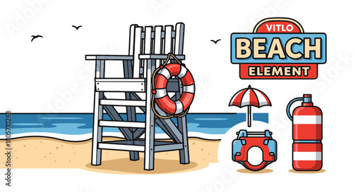 Retro Beach Vacation Graphics Lifeguard Station and Summer Leisure Elements