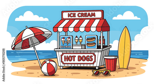 Nostalgic Retro Beach food stand on a sunny shore offering delightful ice cream and hot dogs