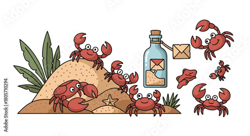 Fun-loving Crabs Exploring a Sandy Shore and Message in Bottle, Retro Beach Adventure