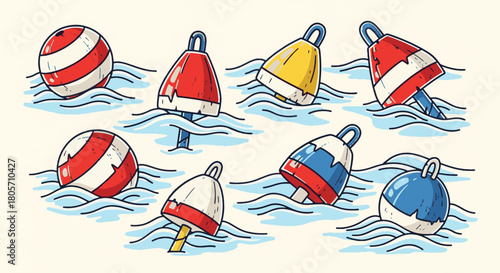 Vibrant Retro Beach Buoys Bobbing on Gentle Ocean Waves - Summer Nautical Theme