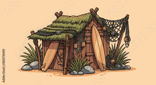 Charming Retro Beach surf hut an idyllic illustration of a rustic island getaway