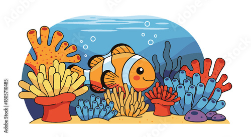 Vibrant Retro Beach Underwater Adventure Happy Clownfish Explores Coral Reef