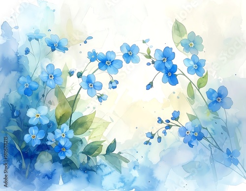 Watercolor illustration featuring delicate blue flowers with green leaves on gracefully curved stems. Soft blue and yellow washes form a diffused background