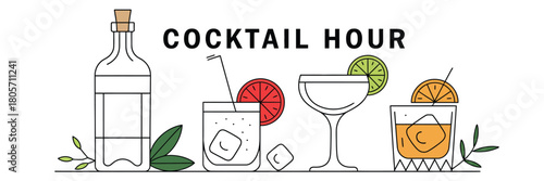 Cocktail hand-drawn doodle illustration featuring classic alcoholic drinks in various glass styles, ink sketch details perfect for wedding menus, birthday party designs and elegant event graphics.