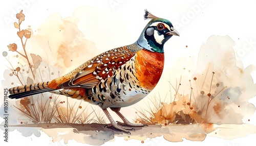 Watercolor illustration of a colorful bird with speckled feathers standing amidst stylized grassy plants and a warm, hazy background
