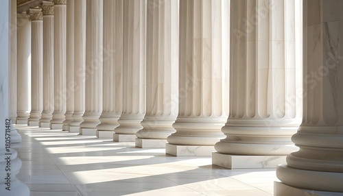 View along a row of ornate white marble columns, sunlight