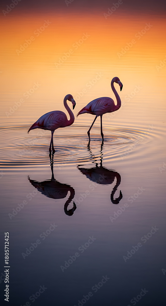 Naklejka premium Beautiful flamingo birds in water reflection photography wildlife nature sunset scene art print