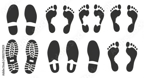 Footprints and Shoeprints Pattern Displaying Various Human Steps and Shoe Sole Designs in Graphic Illustration