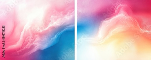 diptych of soft pastel cloudlike swirls in pink, blue and peach with flowing gradients and grainy texture conveying a calm, dreamy and uplifting mood