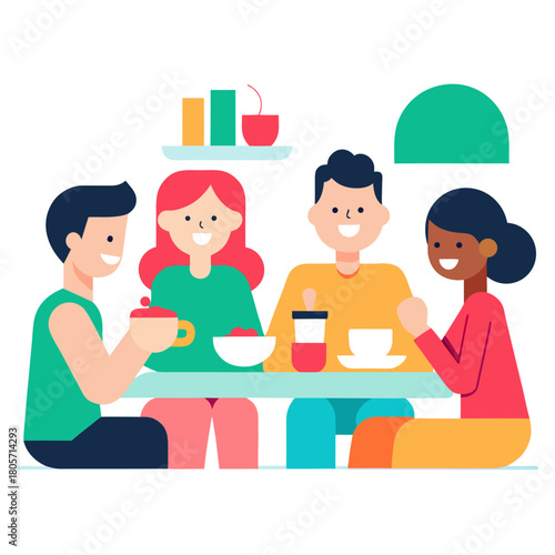 Diverse Team Lunch Break in Colorful Office Cafeteria Cartoon Vector