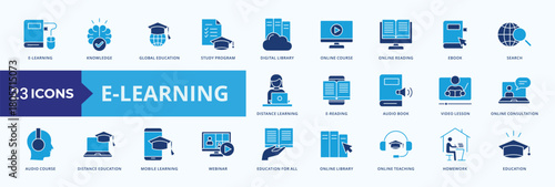E Learning Icon Pack Illustration Vector Flat Blue Style
