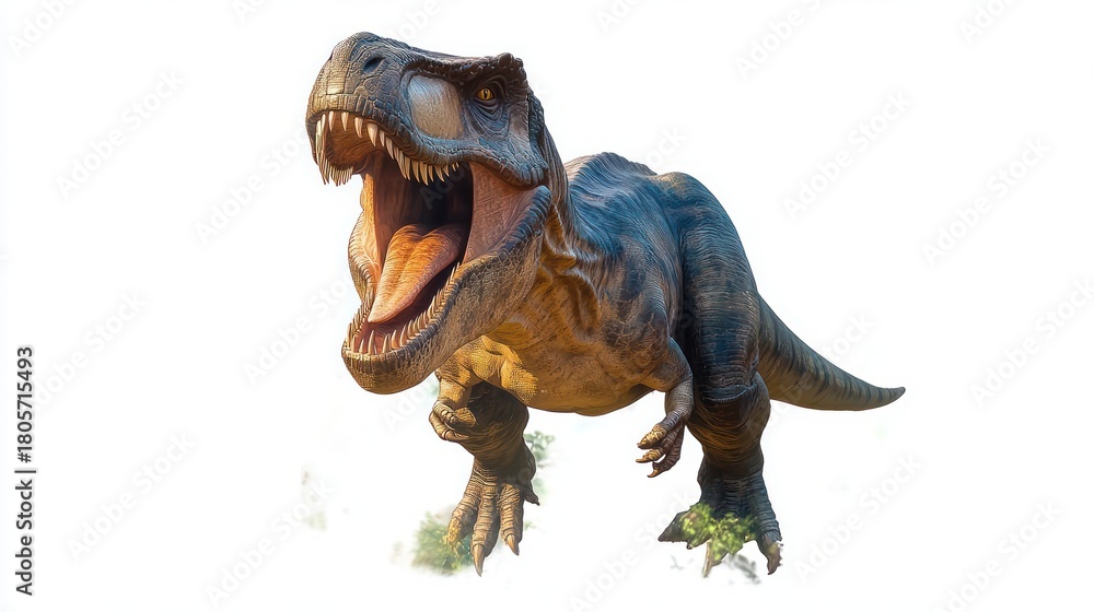 Obraz premium Roaring ferocious predatory dinosaur mid-leap with open jaws showing sharp teeth and tongue, small forearms, muscular scaly body and tail on white background
