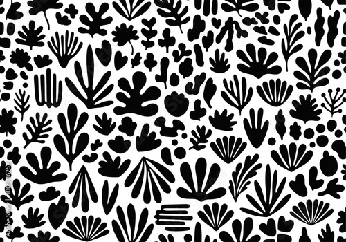 A dense monochrome pattern displays a playful collage of bold black organic silhouettes, resembling stylized foliage, seaweed, and abstract cut-outs on white