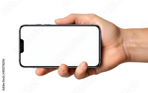 Male hand holding modern mobile phone horizontally with empty screen display mockup. isolated PNG with Transparent Background