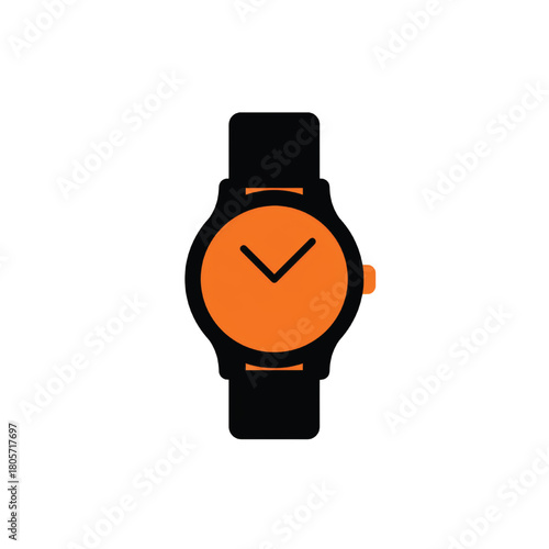 A stylized illustration of a wristwatch with an orange face and black band.