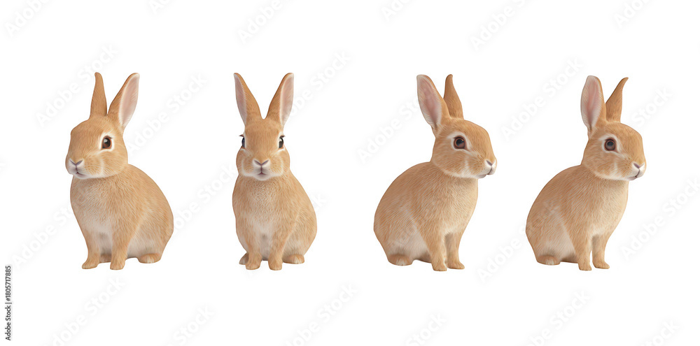 Fototapeta premium A charming arrangement of four realistic rabbits sitting side by side. their soft fur and attentive expressions against a clean. white background. ideal for nature-themed projects