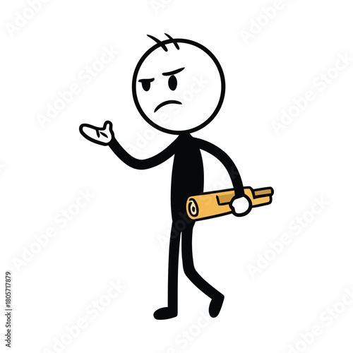 Frustrated Stick Figure Carrying a Rolled-Up Document, Gesturing Angrily