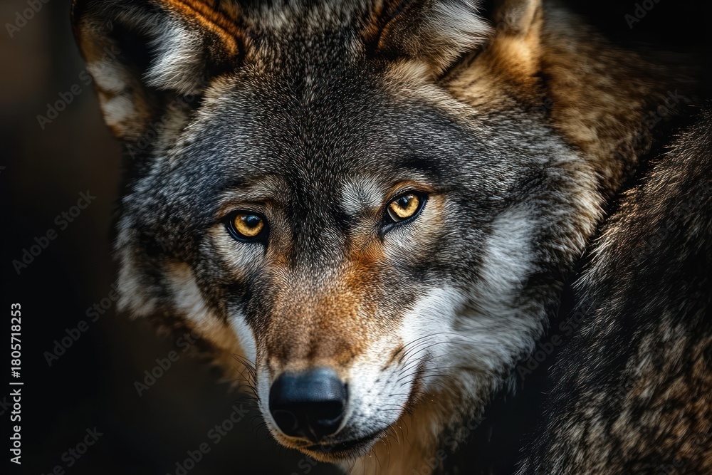 Fototapeta premium close-up portrait of a wolf face with piercing amber eyes, thick detailed fur, wet black nose and alert intense gaze against a dark background, wild majestic expression