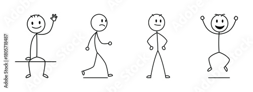 Set of cartoon stick figure drawings illustrating various human emotions and poses