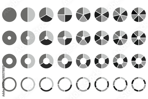 Set of black pie chart icons with different segment divisions, simple circular infographic symbols for business, finance, statistics, report data visualization, and analytics design
