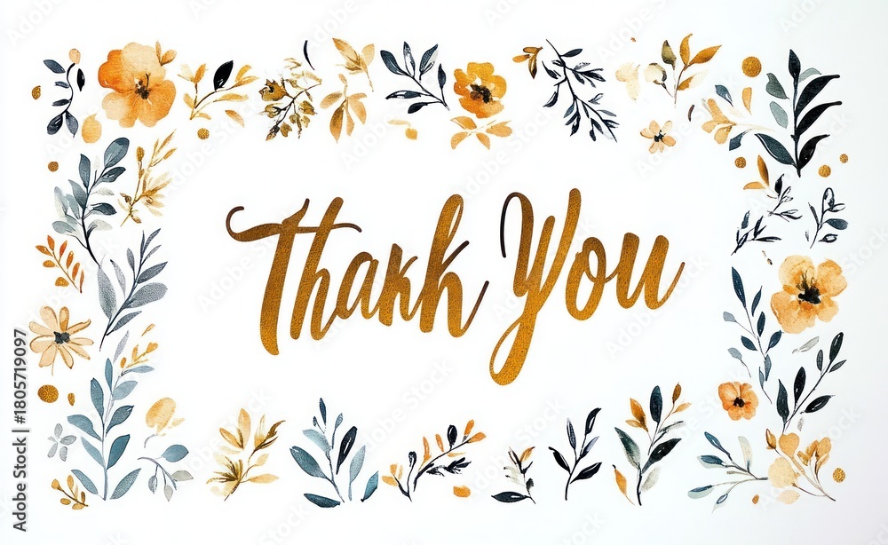Obraz premium elegant gold script reading thank you centered on white background with hand painted watercolor floral and leafy border in warm yellow and teal conveying gratitude and warmth