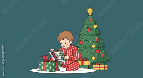 Joyful boy opens Christmas presents under tree, holiday spirit and excitement