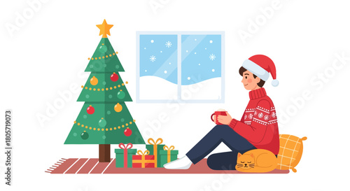 Cozy Christmas bliss, man relaxes by decorated tree with cat and warm drink