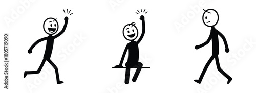 A set of simple stick figure characters in different poses, including running, sitting, and walking