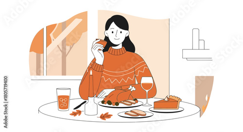 Cozy autumn meal with turkey and pie evokes warmth and togetherness feeling