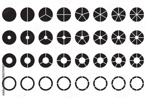Set of black pie chart icons with different segment divisions, simple circular infographic symbols for business, finance, statistics, report data visualization, and analytics design
