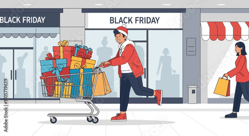 Black Friday shoppers with carts full of gifts enjoying post-holiday shopping