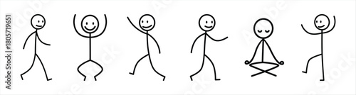 Stick Figure Poses Walking, Jumping, Smiling, Meditation, and Reaching Up with Joyful Movement