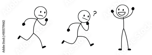 Journey of emotions stick figures expressing worry, confusion, and ultimate celebration of success