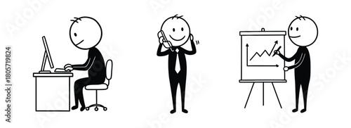 Business stick figures engaged in various office activities working on computer, talking on phone, and giving a presentation