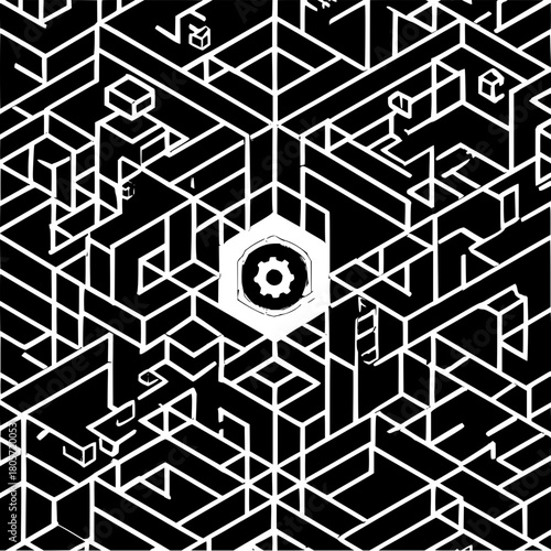 Abstract geometric maze with gear illustration black and white intricate design puzzle solving artwork concept